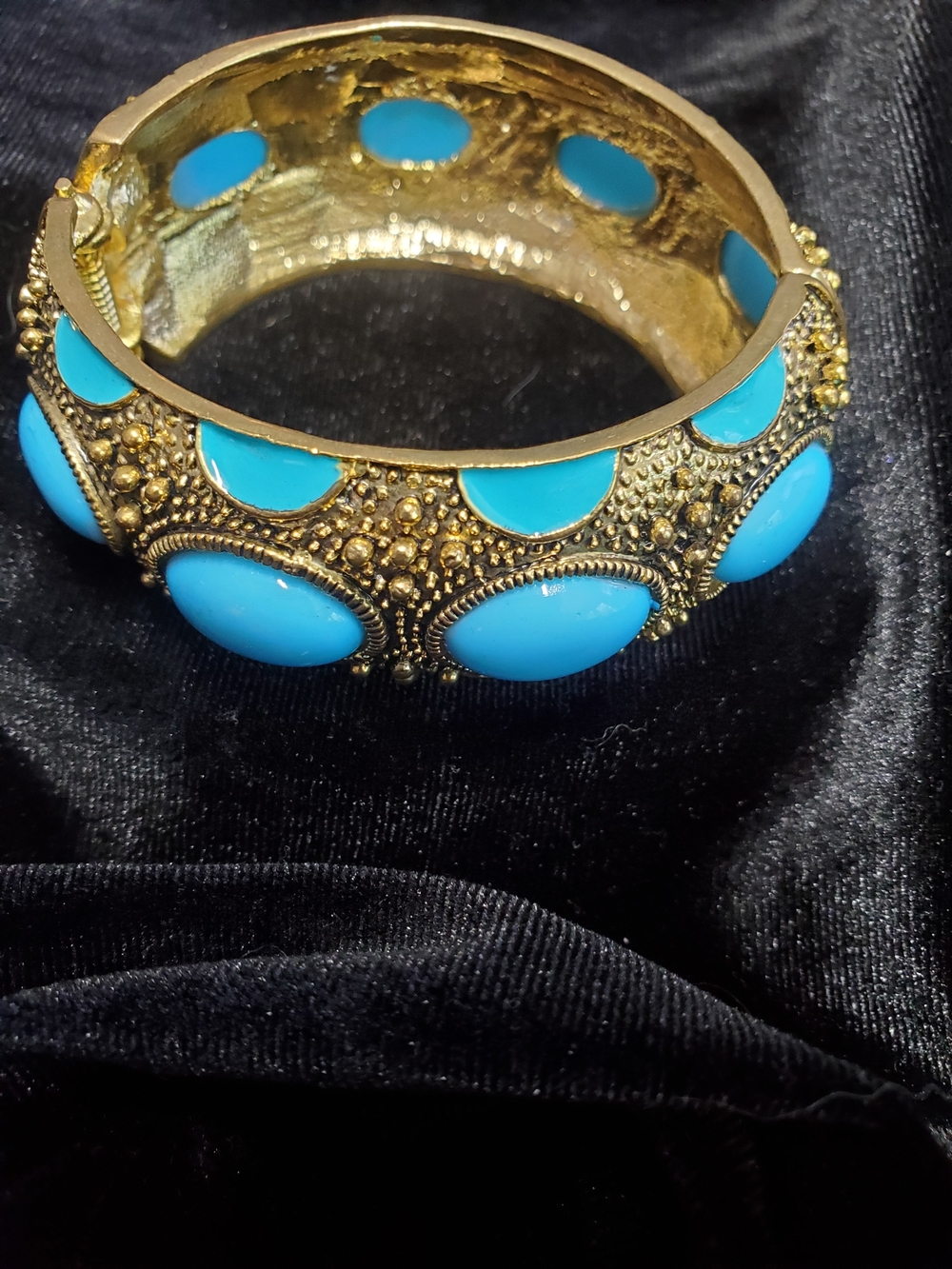 Vintage Faux Turquoise Cuff Gold Tone Bracelet W/ Cabochons - Women's Jewelry